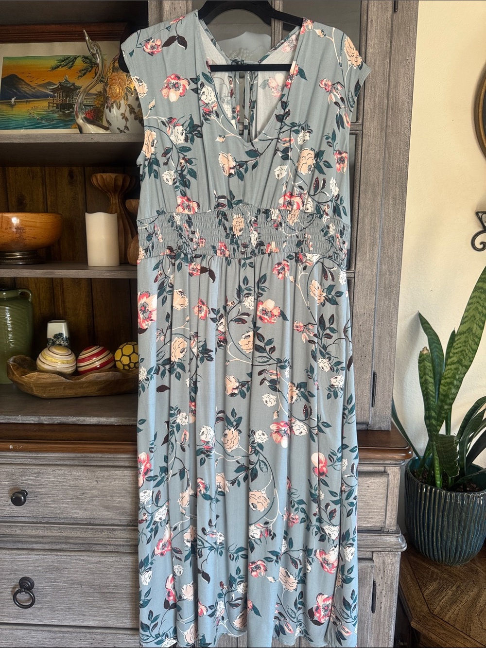Maurices Light Blue Floral Midi Dress with Smocked Waist